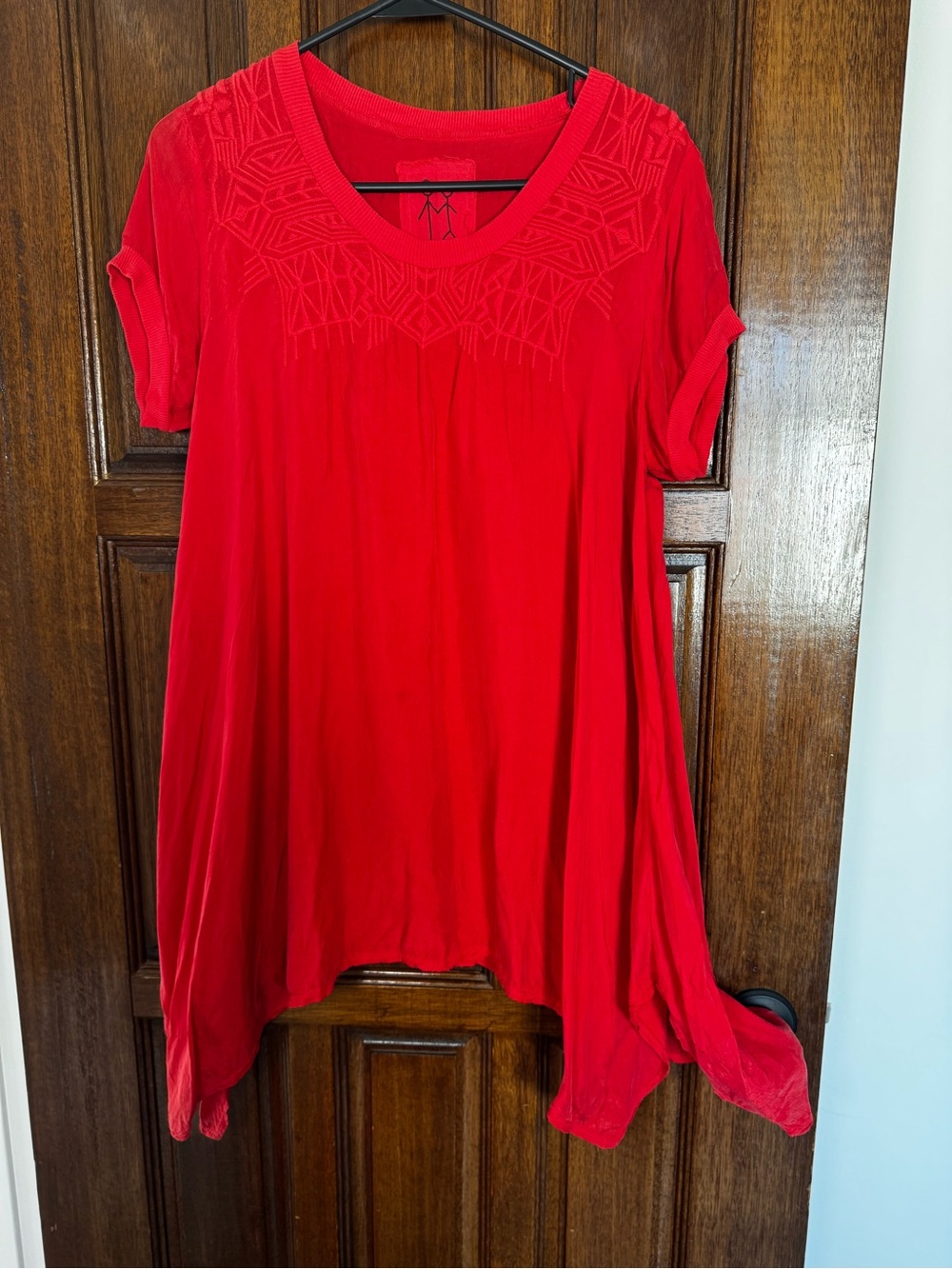 Johnny Was Red Short Sleeve Embroidered Yoke Tunic